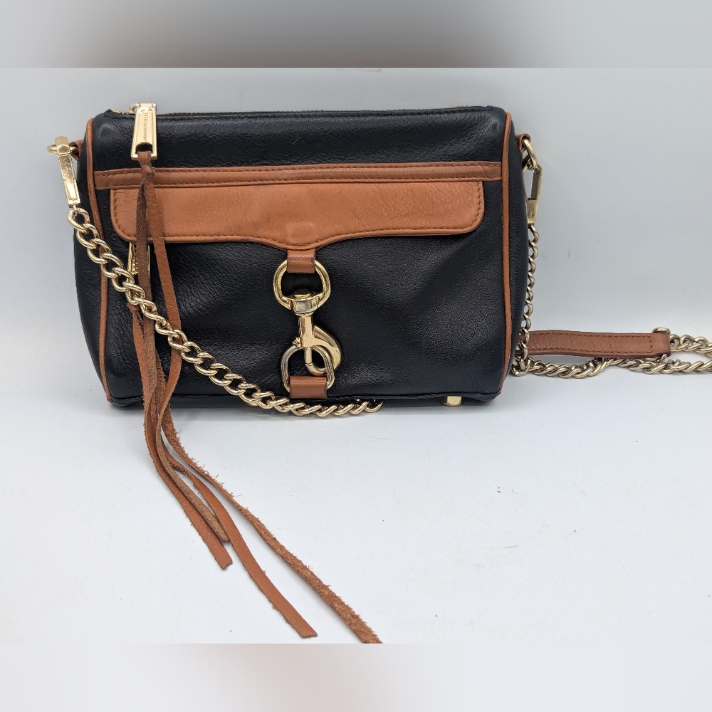 Rebecca Minkoff Mini MAC Black Leather Crossbody Bag Gold Chain Strap